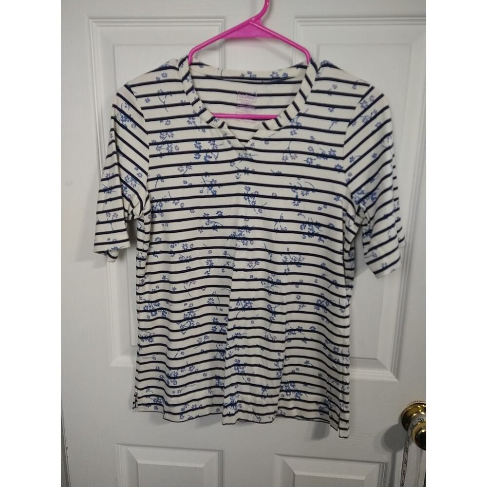 LL Bean Top Shirt Women XS Blue Cream Supima Cotton Striped Floral Casual Pullov